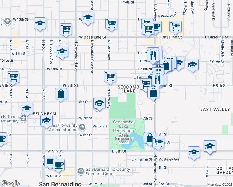 map of restaurants, bars, coffee shops, grocery stores, and more near 851 North Lugo Avenue in San Bernardino