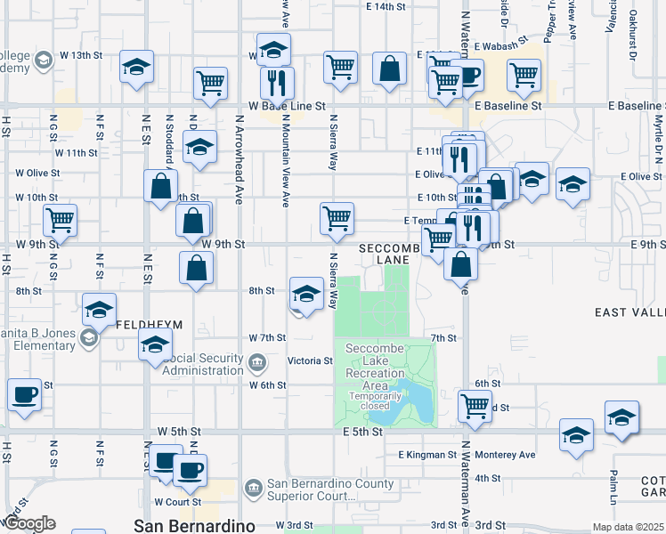 map of restaurants, bars, coffee shops, grocery stores, and more near 801 North Sierra Way in San Bernardino