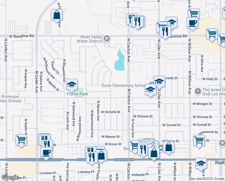 map of restaurants, bars, coffee shops, grocery stores, and more near 847 North Idyllwild Avenue in Rialto