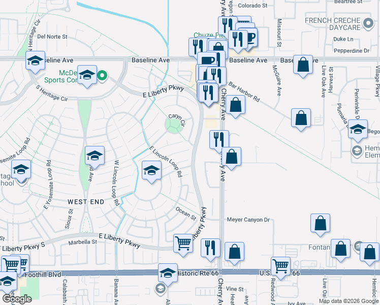 map of restaurants, bars, coffee shops, grocery stores, and more near 14250 Plumas Court in Fontana