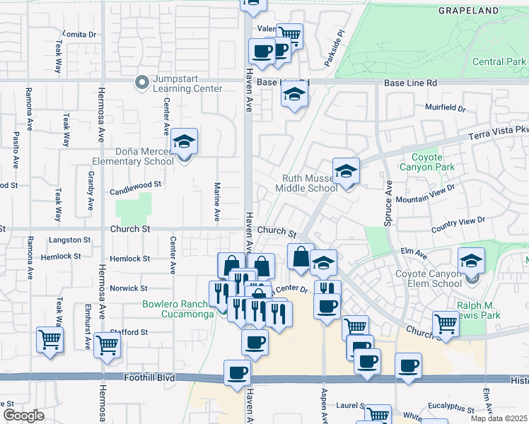 map of restaurants, bars, coffee shops, grocery stores, and more near 7684 Broadmoor Place in Rancho Cucamonga