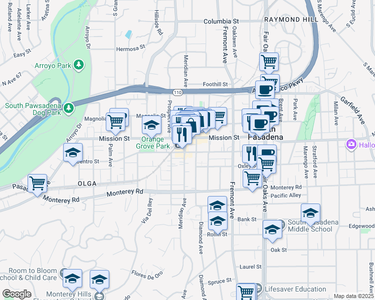 map of restaurants, bars, coffee shops, grocery stores, and more near 1003 Diamond Avenue in South Pasadena