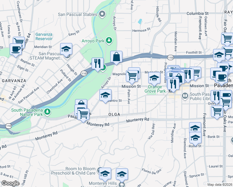map of restaurants, bars, coffee shops, grocery stores, and more near 418 El Centro Street in South Pasadena