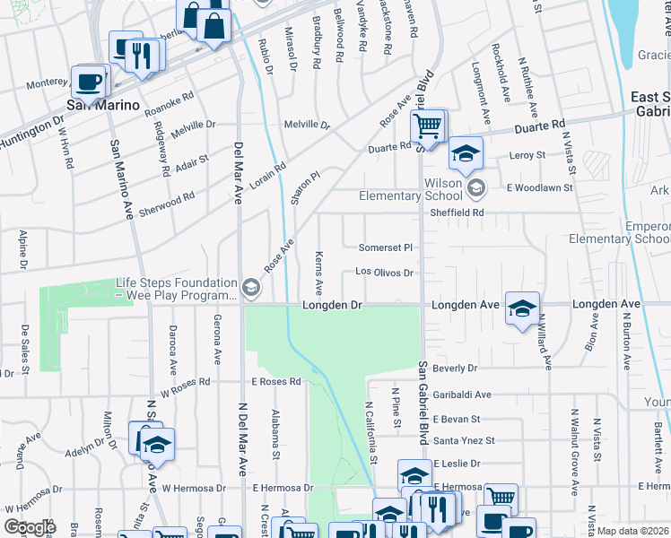 map of restaurants, bars, coffee shops, grocery stores, and more near 733 Hunter Drive in San Gabriel