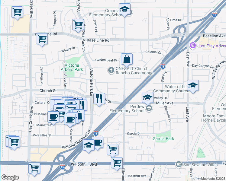 map of restaurants, bars, coffee shops, grocery stores, and more near 12850 Wild Horse Way in Rancho Cucamonga
