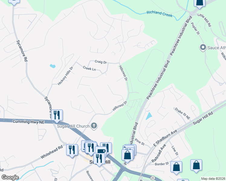 map of restaurants, bars, coffee shops, grocery stores, and more near 5175 Gable Ridge Way in Sugar Hill