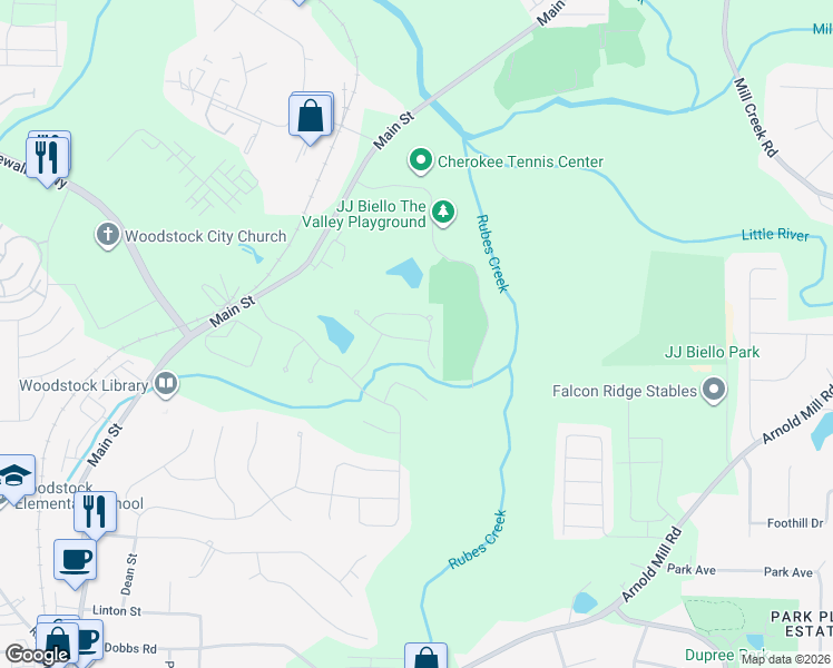 map of restaurants, bars, coffee shops, grocery stores, and more near 319 Spotted Ridge Circle in Woodstock