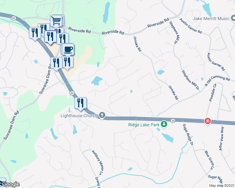 map of restaurants, bars, coffee shops, grocery stores, and more near 551 Wagon Hill Lane in Sugar Hill