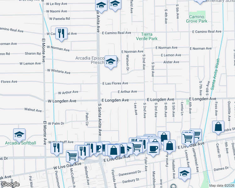 map of restaurants, bars, coffee shops, grocery stores, and more near 2126 Louise Avenue in Arcadia