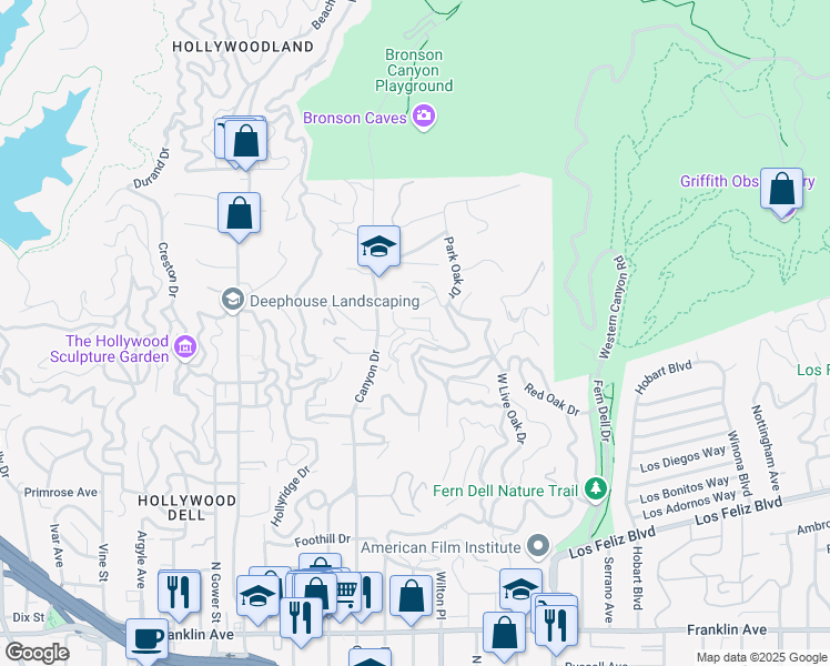 map of restaurants, bars, coffee shops, grocery stores, and more near 5746 Cazaux Drive in Los Angeles