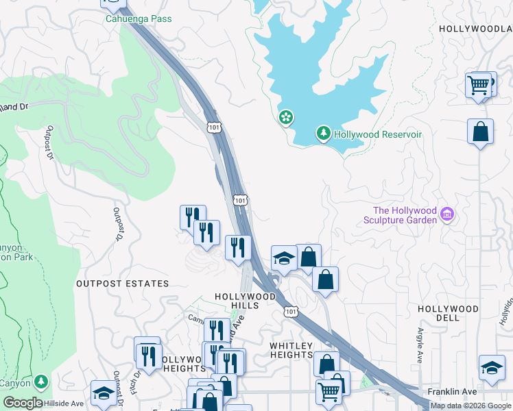 map of restaurants, bars, coffee shops, grocery stores, and more near 2630 Cahuenga Boulevard East in Los Angeles