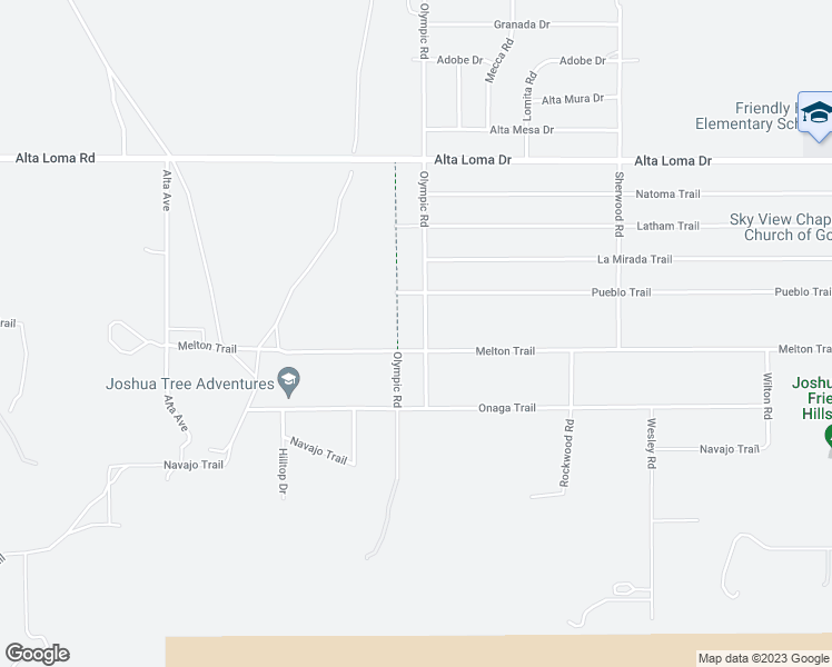 map of restaurants, bars, coffee shops, grocery stores, and more near 7654 Olympic Road in Joshua Tree