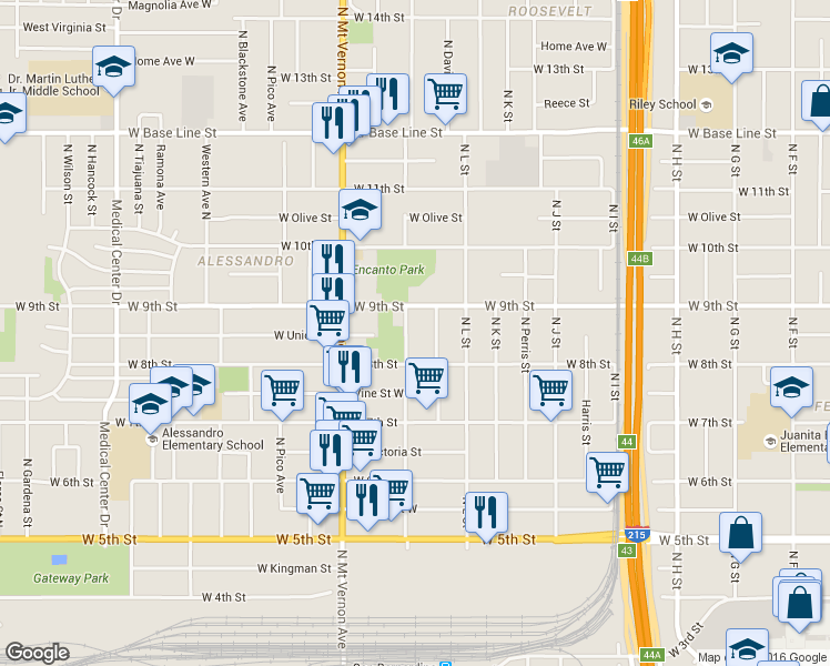map of restaurants, bars, coffee shops, grocery stores, and more near 845 North Garner Avenue in San Bernardino