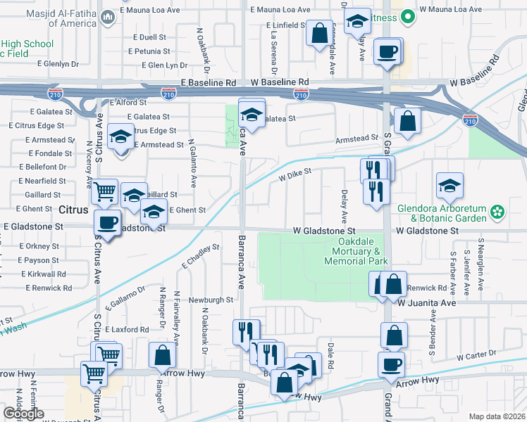 map of restaurants, bars, coffee shops, grocery stores, and more near 1326 South Briargate Lane in Glendora