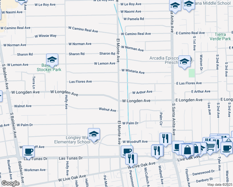 map of restaurants, bars, coffee shops, grocery stores, and more near 185 West Longden Avenue in Arcadia