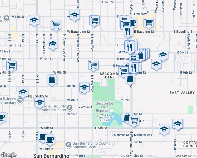map of restaurants, bars, coffee shops, grocery stores, and more near 852 North Lugo Avenue in San Bernardino