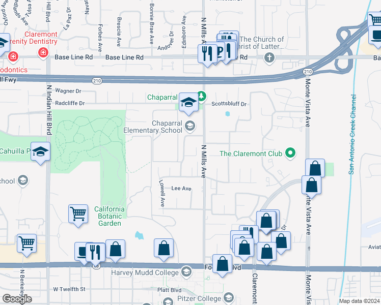 map of restaurants, bars, coffee shops, grocery stores, and more near 419 Greensboro Court in Claremont