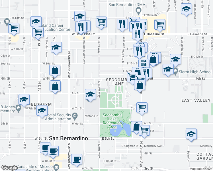 map of restaurants, bars, coffee shops, grocery stores, and more near 852 North Lugo Avenue in San Bernardino