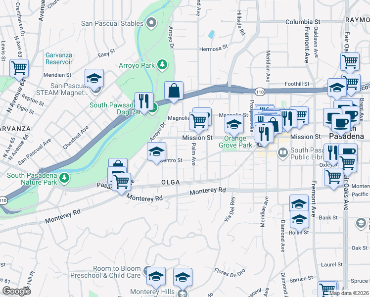map of restaurants, bars, coffee shops, grocery stores, and more near 514 Indiana Court in South Pasadena