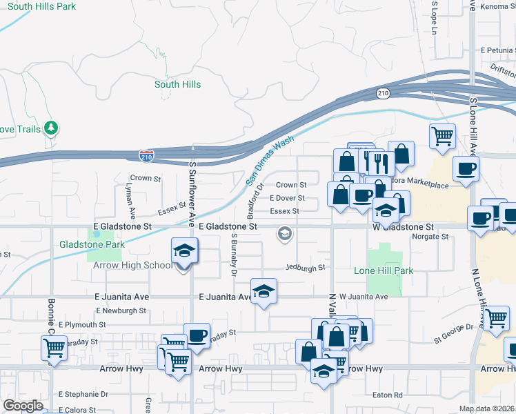map of restaurants, bars, coffee shops, grocery stores, and more near 1055 Essex Street in Glendora