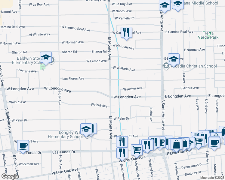 map of restaurants, bars, coffee shops, grocery stores, and more near 188 West Arthur Avenue in Arcadia