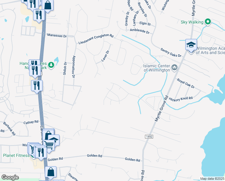 map of restaurants, bars, coffee shops, grocery stores, and more near 6425 Fawn Settle Drive in Wilmington
