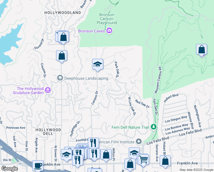 map of restaurants, bars, coffee shops, grocery stores, and more near 5746 Cazaux Drive in Los Angeles