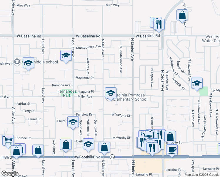 map of restaurants, bars, coffee shops, grocery stores, and more near 1648 West Wedgewood Street in Rialto