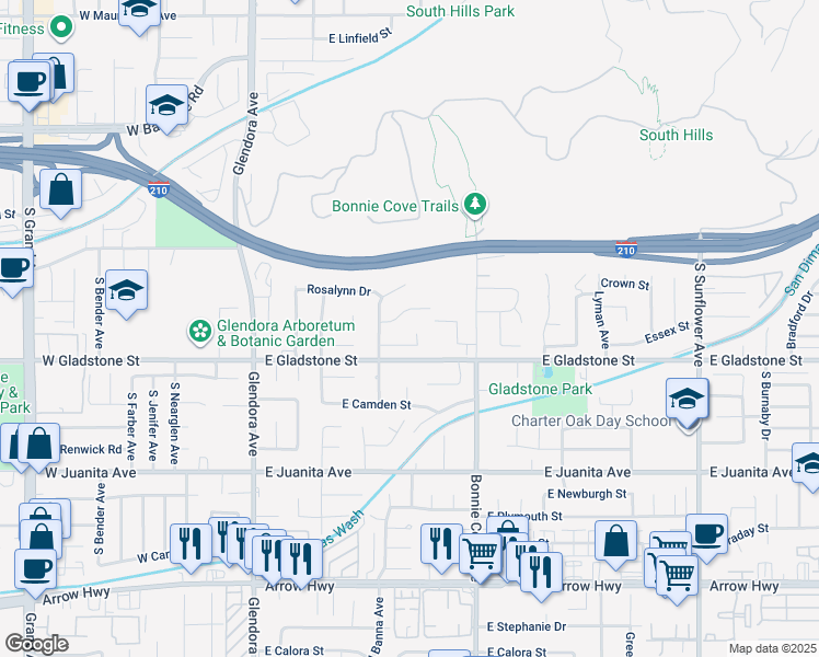 map of restaurants, bars, coffee shops, grocery stores, and more near 1329 Essex Court in Glendora