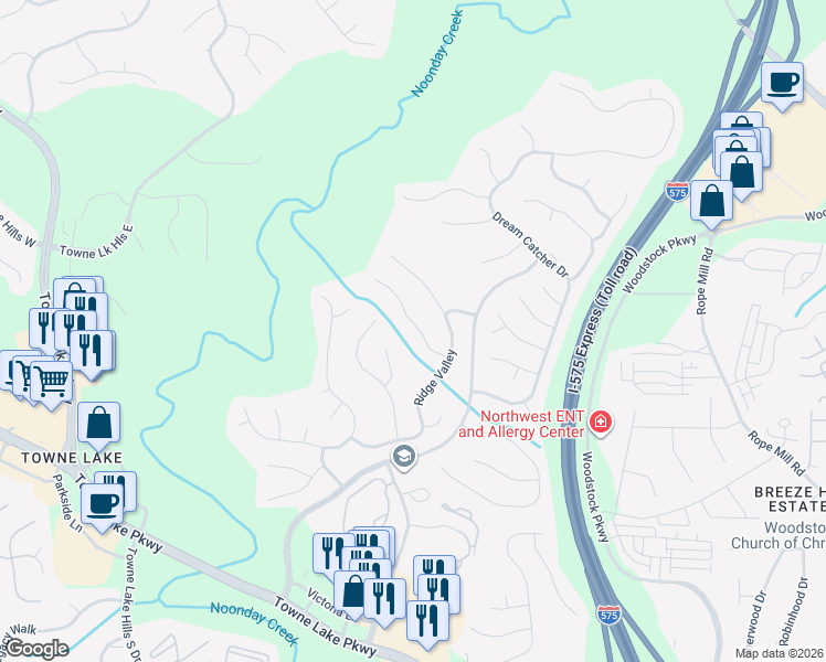 map of restaurants, bars, coffee shops, grocery stores, and more near 413 Old Deerfield Lane in Woodstock