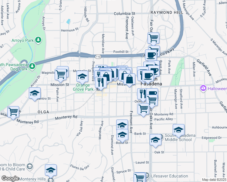 map of restaurants, bars, coffee shops, grocery stores, and more near 1131 El Centro Street in South Pasadena