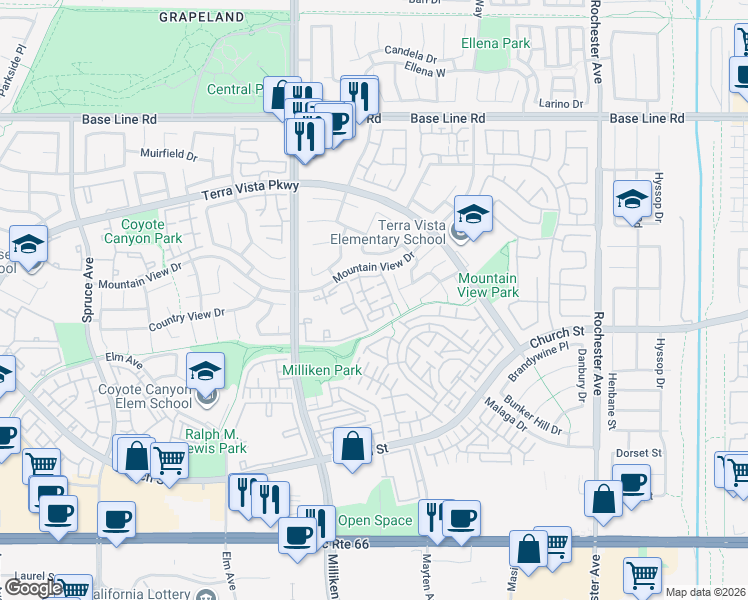 map of restaurants, bars, coffee shops, grocery stores, and more near 11433 Mountain View Drive in Rancho Cucamonga
