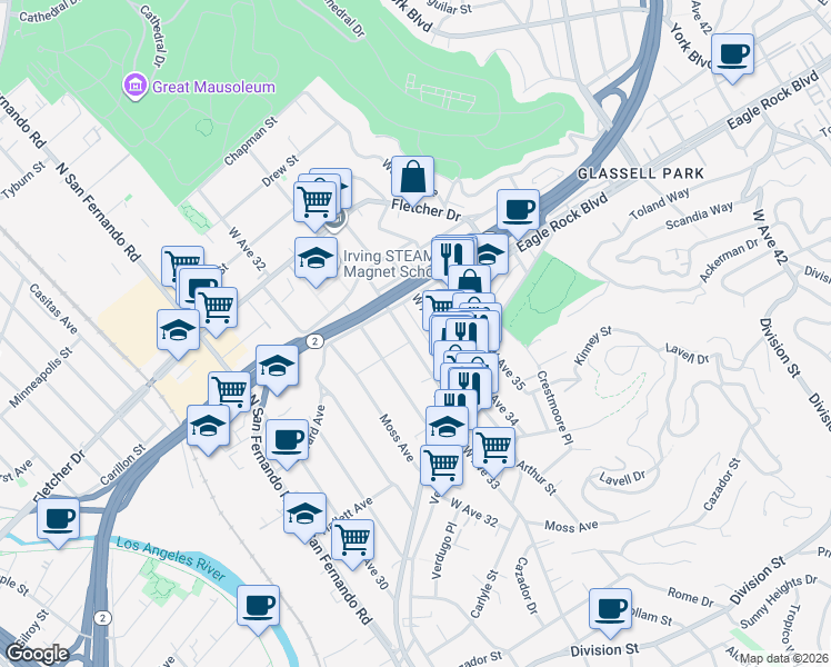 map of restaurants, bars, coffee shops, grocery stores, and more near 2805 Estara Avenue in Los Angeles