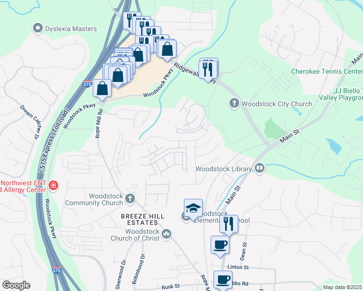 map of restaurants, bars, coffee shops, grocery stores, and more near 208 Magnolia Leaf Drive in Woodstock
