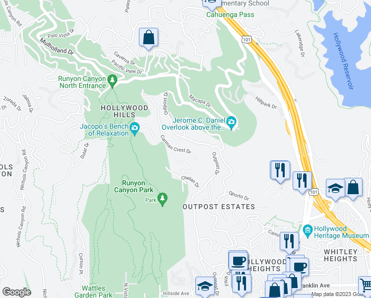 map of restaurants, bars, coffee shops, grocery stores, and more near 2444 Carman Crest Drive in Los Angeles