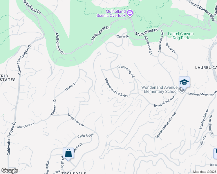 map of restaurants, bars, coffee shops, grocery stores, and more near 8952 Wonderland Park Avenue in Los Angeles