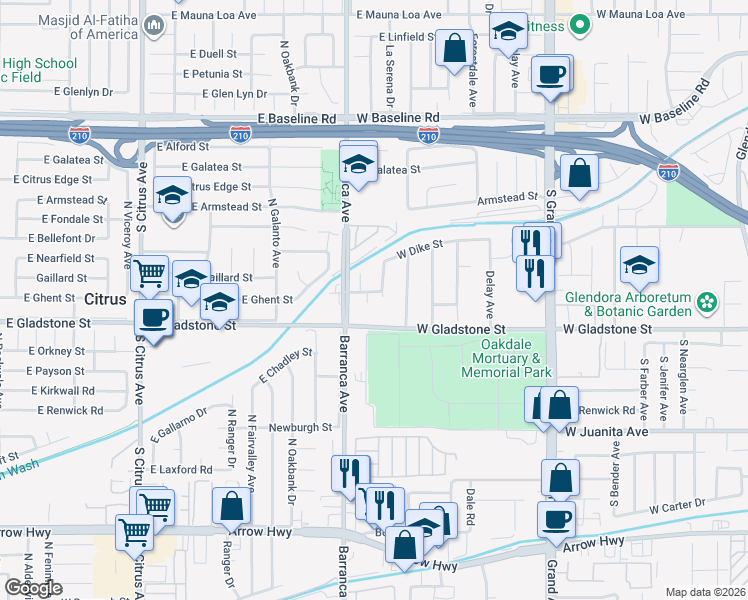 map of restaurants, bars, coffee shops, grocery stores, and more near 1326 South Briargate Lane in Glendora