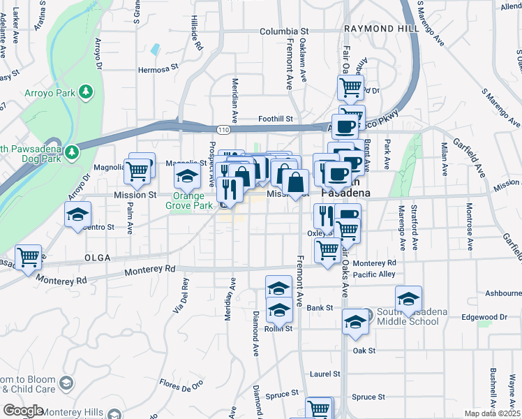 map of restaurants, bars, coffee shops, grocery stores, and more near 1020 El Centro Street in South Pasadena