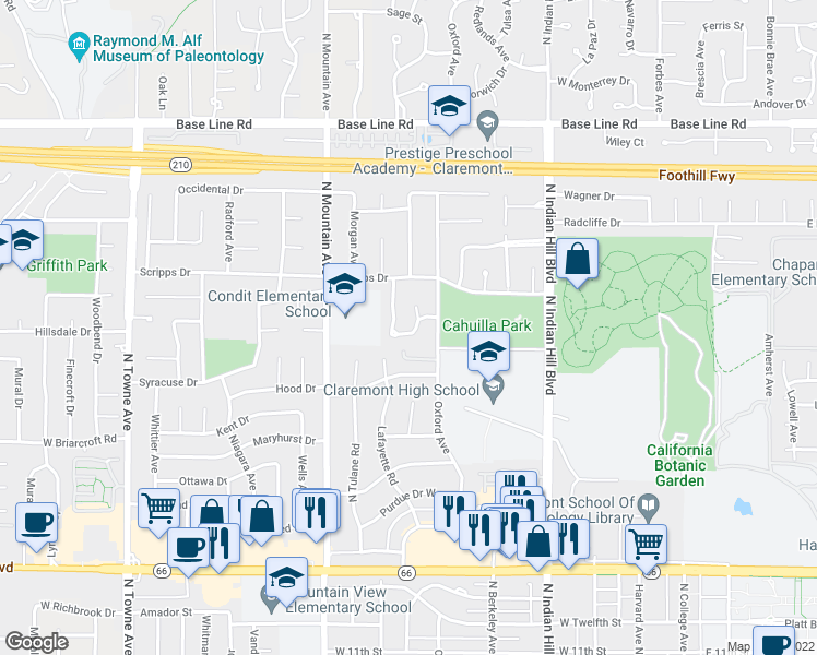 map of restaurants, bars, coffee shops, grocery stores, and more near 647 Fairmont Drive in Claremont