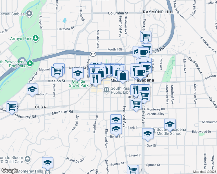 map of restaurants, bars, coffee shops, grocery stores, and more near 1020 El Centro Street in South Pasadena