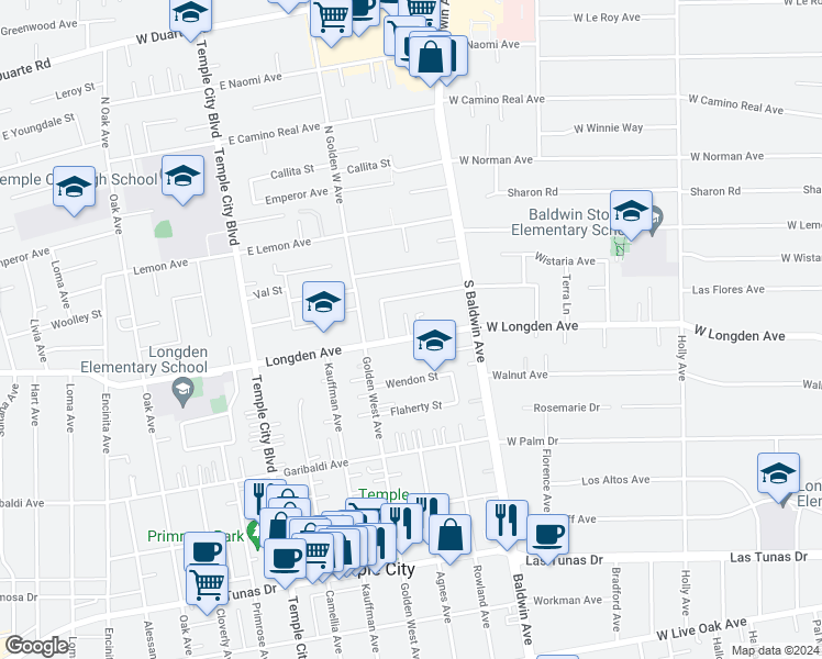 map of restaurants, bars, coffee shops, grocery stores, and more near 6302 Agnes Avenue in Temple City