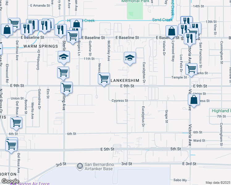 map of restaurants, bars, coffee shops, grocery stores, and more near McKinley Avenue in San Bernardino