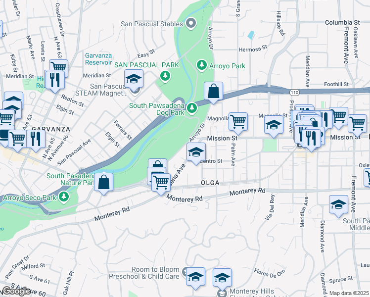 map of restaurants, bars, coffee shops, grocery stores, and more near 920 Arroyo Drive in South Pasadena
