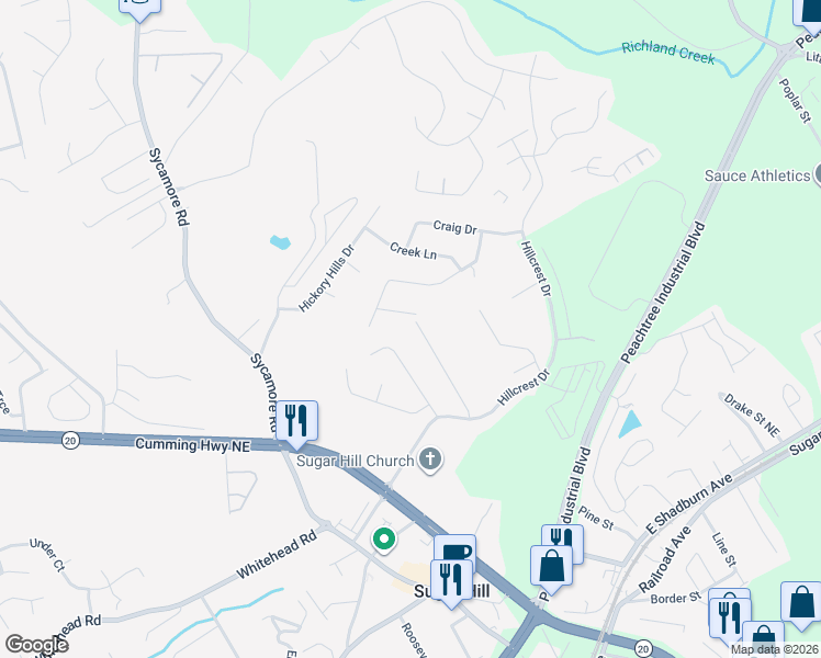 map of restaurants, bars, coffee shops, grocery stores, and more near 5240 Sugar Crest Drive in Sugar Hill