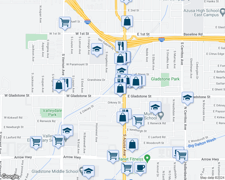 map of restaurants, bars, coffee shops, grocery stores, and more near 195 West Gladstone Street in Azusa