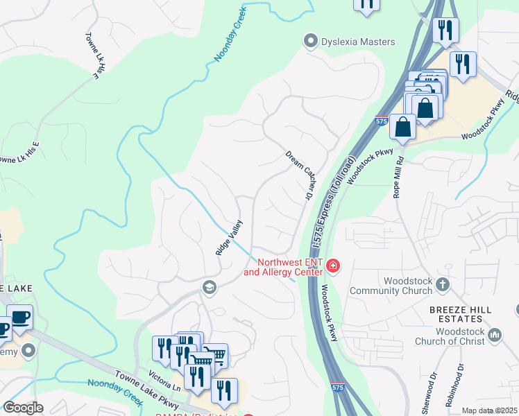 map of restaurants, bars, coffee shops, grocery stores, and more near 206 Rattler Court in Woodstock