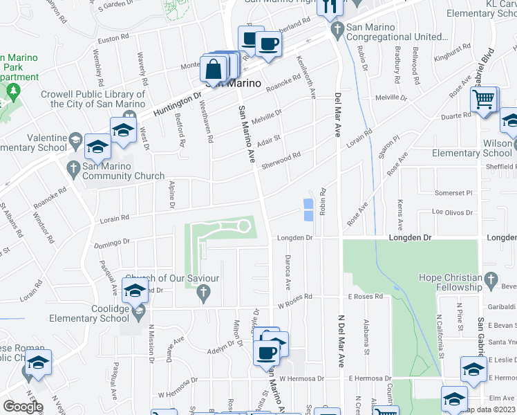 map of restaurants, bars, coffee shops, grocery stores, and more near 2210 Lorain Road in San Marino