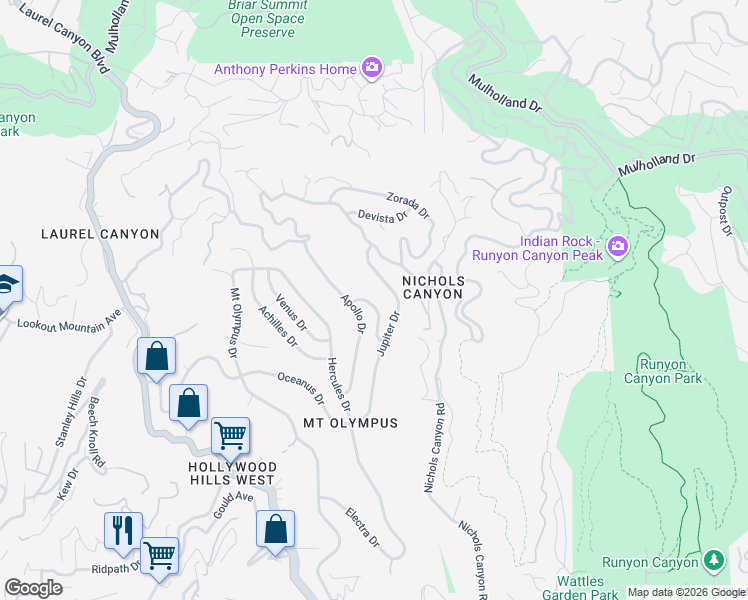 map of restaurants, bars, coffee shops, grocery stores, and more near 7551 Hermes Drive in Los Angeles