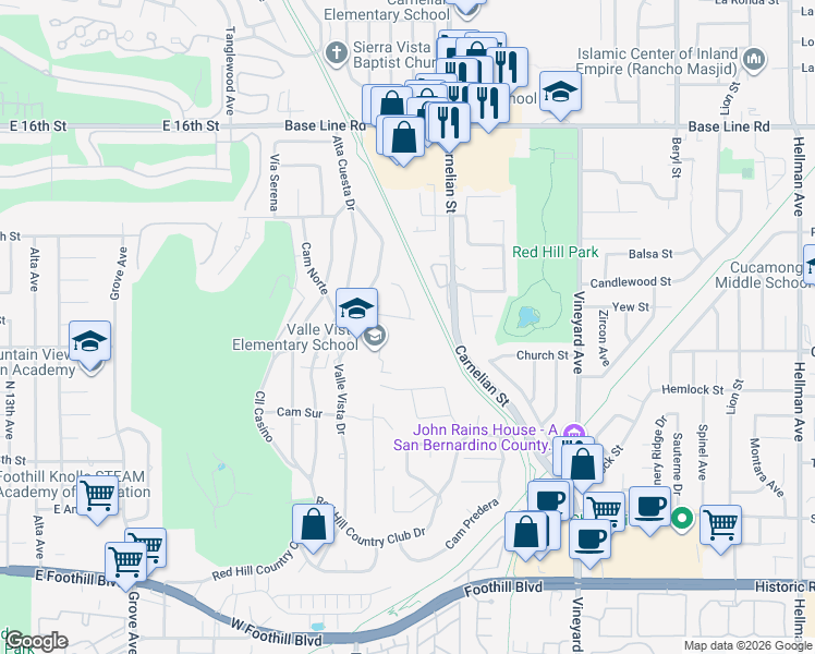 map of restaurants, bars, coffee shops, grocery stores, and more near 8593 Calle Feliz in Rancho Cucamonga