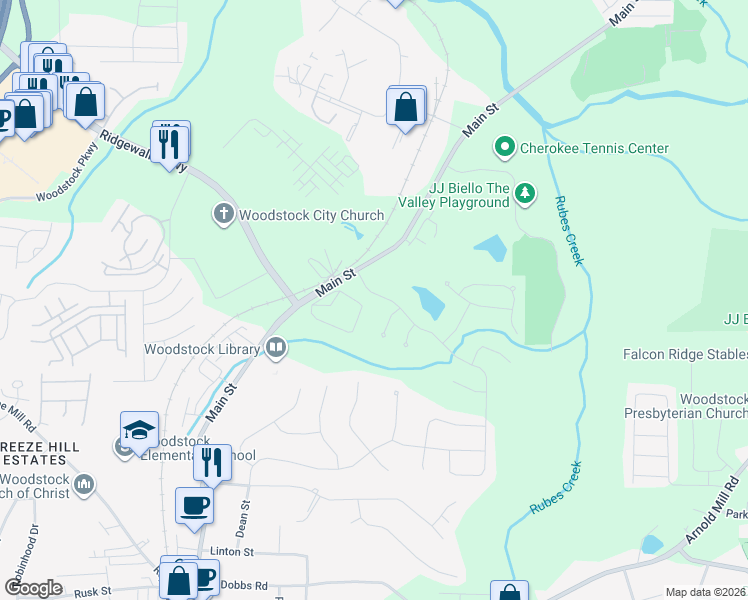 map of restaurants, bars, coffee shops, grocery stores, and more near 112 Johnston Farm Lane in Woodstock